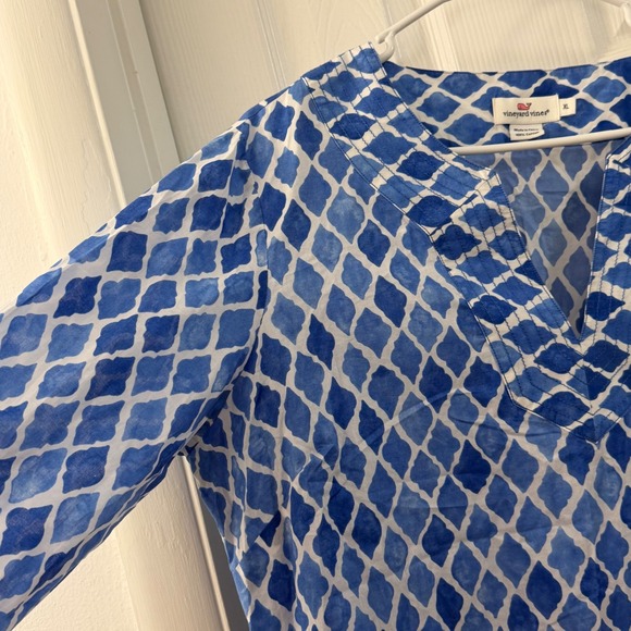 Vineyard Vines Womens XL Blue White Geometric Cotton V-Neck Tunic Top Coverup - Picture 3 of 5